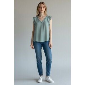 Mine Women’s Romantic Green Flutter Sleeve Ruffled Blouse Size Medium V-neck